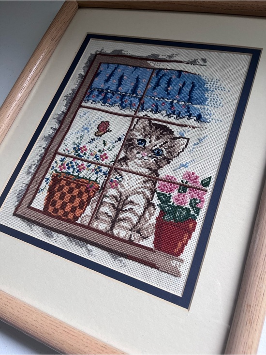 Other - Vintage Whimsy Cat Cross Stitch Art Cottagecore Fairycore Needlepoint Cat Decor